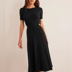 Boden Black Ribbed Midi Dress Short Sleeve Crew Neck Cut Out Waist Size 14R & 20